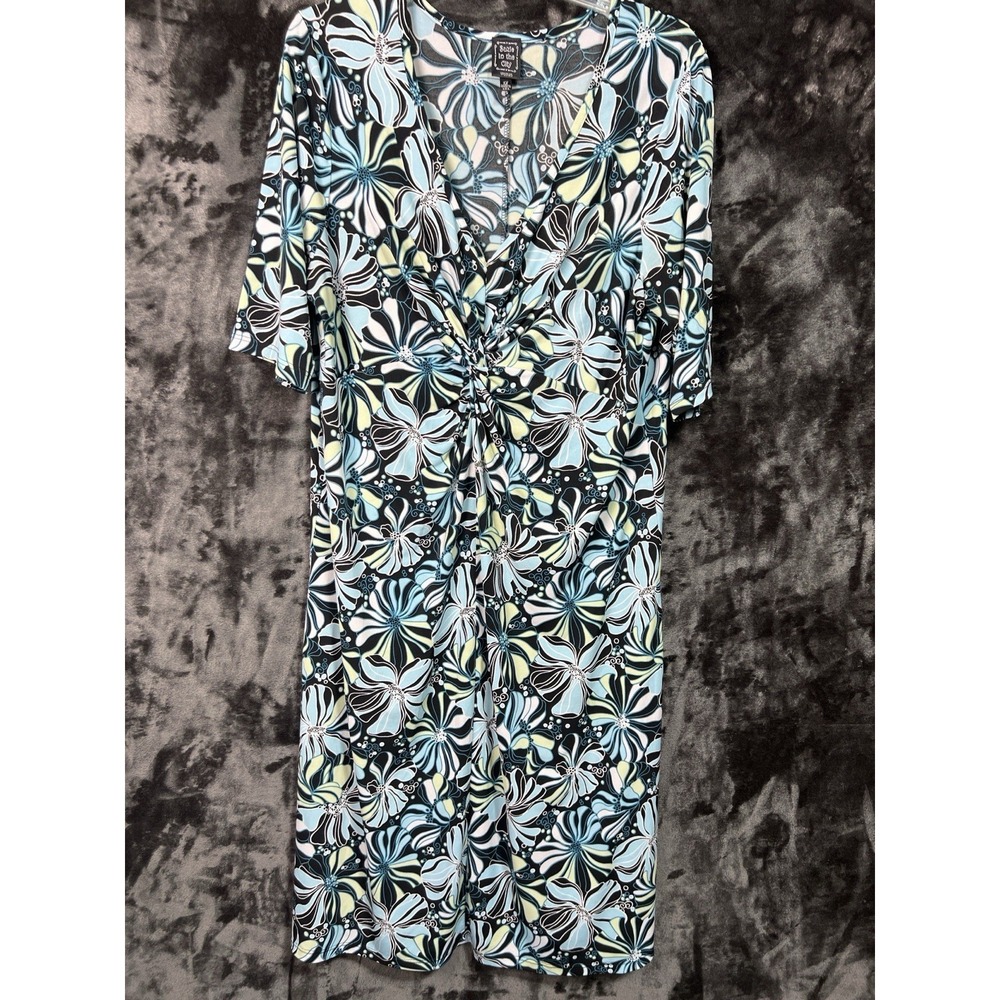 Plus Size 1X Floral Faux Wrap Dress Blue Stretch Midi Fairycore Whimsical USA